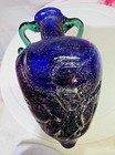 Unique Vtg Art Glass Decorative Vase Cobalt Blue Green Handles -g4- Read   see