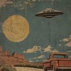 Vintage Truck Ufo Desert Poster  Retro Sci-fi Alien Cactus Botanical Wall Art