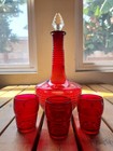 Ruby Red Glass Decanter Liqueur Ribbed Beehive Stopper 3 Cordial Shot Set Bar