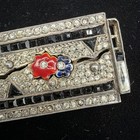 Vintage Art Deco Rhinestone Floral Bar Brooch Pin Black Red Blue Enamel