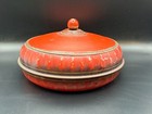 Vintage 1950 s 3pc Antique Red Orange  Enamelware Sewing Dish W Knob Lid