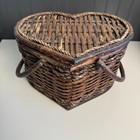 Vintage Heart Shaped Picnic Sewing Storage Basket Woven Wicker Rattan Handles