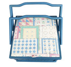 Vtg Blue Wicker Sewing Basket Box Wood Frame   Handles Fabric Top Removable Tray