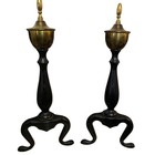 Vintage Federal Style Brass   Black Wrought Iron Andirons Log Holders Pair Mcm