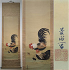 Antique Original Japanese Hanging Scroll Rooster Hen Chicks Family Bird Fine Art