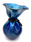 Vintage Large Orient   Flume Art Glass Iridescent Cobalt Blue Bag Vase Signed