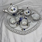 Vtg Tea Set W Tray Victorian Blue Rose Open Hearts Porcelain Miniature Tea Set