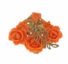 30s Vintage Art Deco Molded Coral Celluloid Rose Brooch Pin  Brass Filigree Leaf
