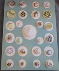 25 Vintage Glass Buttons Collector Card People Birds Pictures Insects Flowers