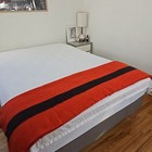 Vtg Wool Blanket Red   Black Stripe 74 X 80 Queen Throw Hudson Bay Style Usa