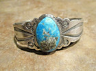 Gem      Old Pawn Navajo Sterling Natural Turquoise Stamped Design Bracelet