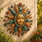 Rustic Sun Face Metal Wall Art  Boho Celestial Decor  Colorful Floral Hanging