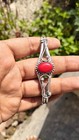 Red Coral Jewelry Set  Sterling Silver Plated Bangle Necklace   Ring Earrings
