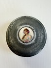 Vtg  Antique Metal Powder Puff Trinket Music Box With Lid Victorian Lady Works
