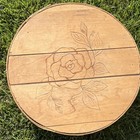 Round Lidded Wooden Sewing Basket W  Floral Burned Design  Fabric Lining