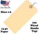 Pack Of 100 Wired Manila Tags Inventory Shipping Hang Size 1 2 3 4 5 6 Pre-wire