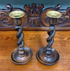 Antique English Open Barley Twist Candlesticks Candle Holders Oak Pair 10 5 