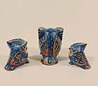 3 Blue Hand Painted Carved Wooden Owl Figurines Family Vintage