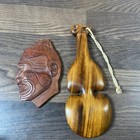 Vintage Maori Hand Carved Wood Kotiate War Club Abalone Eyes And Warrior Mask