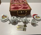 Vintage Children s Doll Picnic Set For 2 In Basket  China With Fruit Pattern