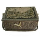Unbranded Vintage Sewing Basket Wicker Tapestry Windmill Gray Fair Toggle Handle