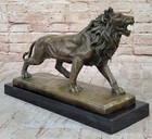 Roaring Lion Handmade Bronze On Marble Base Sculpture Statue Figurine Art Decor