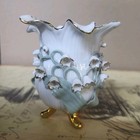 Vintage Lefton Small Porcelain Candle Holder   Vase 3 5  Lilies Gold Footed Cute