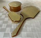 Vintage Amber Celluloid Mother Of Pearl Mirror Brush Powder Box Vanity Set