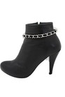 Women Silver Metal Chain 2pcs Boot Bracelet Shoe Black Fabric Anklet Basic Strap