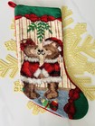 Vintage Wool Velvet Needlepoint Christmas Stocking Old World Two Bears Mistletoe
