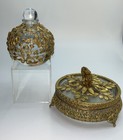 Vintage Gold Ornate Filigree Glass Perfume Bottles trinket powder Box-vanity Set