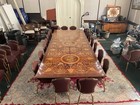 Antique Ornate Rectangular Wood Dining Table Brown Gold Carvings Seats 16
