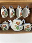 Vintage Miniature Child   s Porcelain Tea Set Floral W  Wooden Display Rack Japan