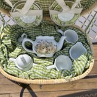 Porcelain Children s Pretend Play Tea Set Plates Cups Teapot Forks Basket Bunny