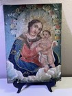 Antique Mexican Retablo Oil On Tin Madonna   Child 14    X 10        19th C Folk Art