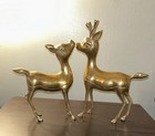 Vintage Pair Large Brass Deer Statues Buck 11  Doe 9  Decor Mcm Bambi