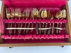 Vintage Flatware Boxed Brass Silverware Wood Handle Serving Set In Box