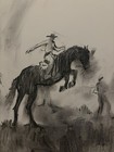 Western Cowboy Surrealist Charcoal Drawing Original Signed 14   x17    Paper