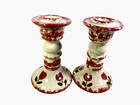 Vintage Ceramic Taper Candlestick Holders Hand Painted  Pink Floral Set 5  Tall