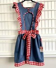 Vtg Unused Full Smock Apron Blue With Red white Gingham Ruffles  Pockets   Bow