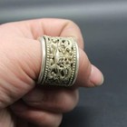 Old Chinese Tibet Silver Handcarved Double Dragon Playing Pearl Finger Ring Q147