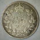 1910 Canada 5 Cents Silver Coin Circulated 5c Canadian George V Scratches On Obv