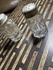Vintage Glass Salt Pepper Shakers Mismatched Pair Metal Lids Clear Pressed Glass