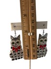 Vintage Painted Wood Grey Tabby Green Eyed Cat Kitty Dangle Pierced Earrings