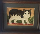 Vintage Original Painting On Fabric Primitive Black And White Cat Framed