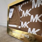 Michael Kors Women s 2-piece Knit Hat   Scarf Set Brown white Mk Logo One Size