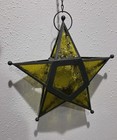 Vintage Hanging Star Lantern Stained Glass Tea Light Candle Holder Chain Metal 
