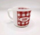 Vintage Westfield Milk Glass Coffee Cup Name Mug Judy Red Gingham Plaid