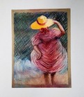 Original Woman Pastel Drawing Yellow Hat Figurative Art 15 75x11 75 Ooak