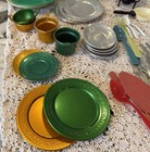 Vtg Red Handle Aluminum Play Toy Dishes Baking Mixing Serving Cooking Mixed Lot